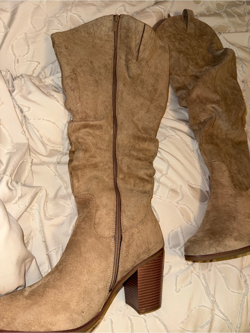 Women's Tan Suede Knee-High Slouch Boots - Picture 2 of 3